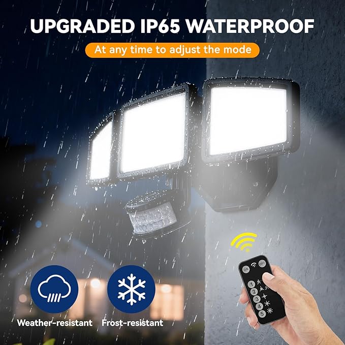 PURICH Upgraded LED Security Lights Motion Sensor Light Outdoor, 7000LM, 6500K, Waterproof, Flood Light Outdoor Motion Detector with Adjustable 3 Head, Hardwired Wall Light for Entryway, Yard, Garage