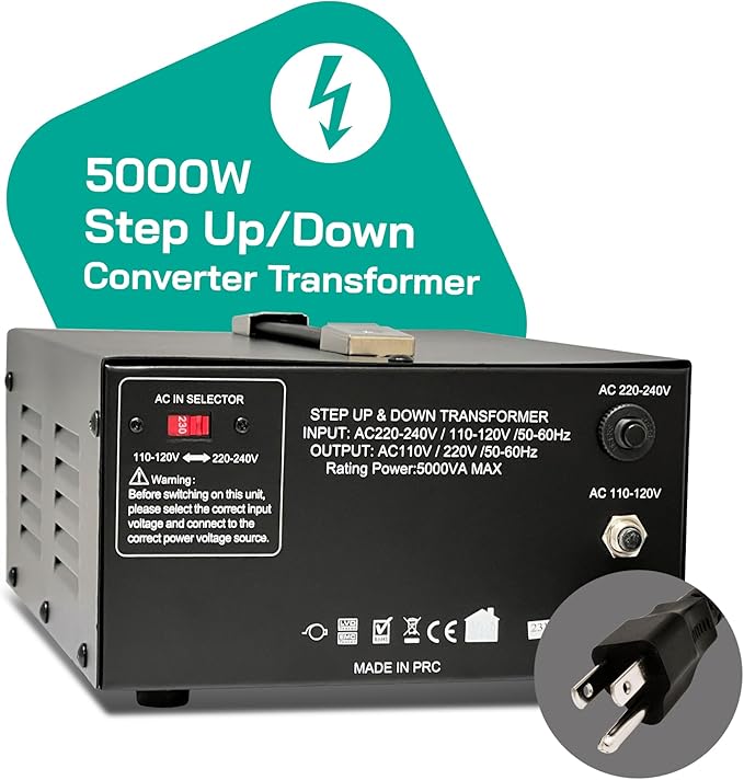 LiteFuze 5000 Watt Voltage Converter Transformer Step Up/Down - 110v to 220v / 220v to 110v Power Converter - Fully USA Grounded Cord - Universal Outlet Socket, 2x US Outlets - CE Certified