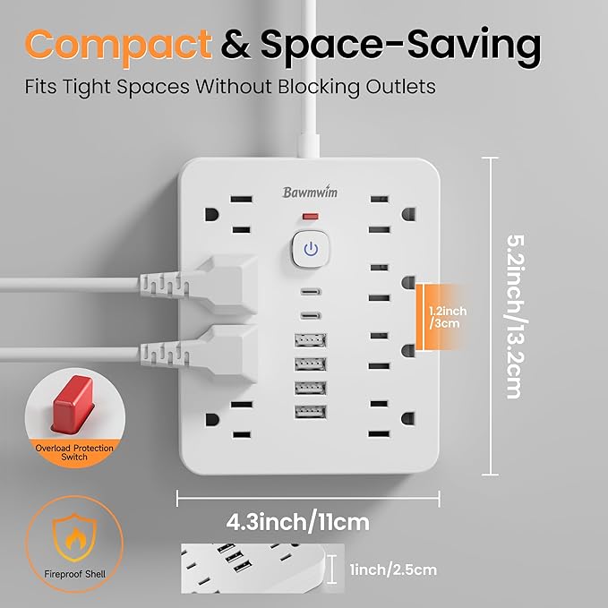 Bawmwim Surge Protector Power Strip - 8 Outlets(1250W/10A) 4 USB A（2 USB C, 10FT Flat Plug Extension Cord, Wall Mount Multi Plug Outlet Extender, ETL Listed for Home, Dorm Room