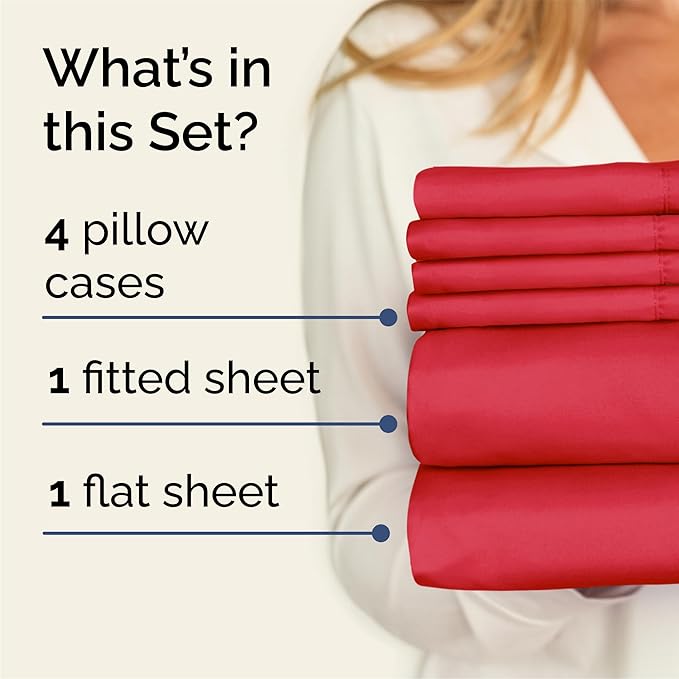 Queen 6 Piece Sheet Set - Cooling, Comfy & Breathable - Hotel Luxury Bedding, Includes Fitted Sheet for Women, Men, Kids and Teens - 1 Flat, 1 Fitted Sheet, 4 Pillowcases with Deep Pockets - Red