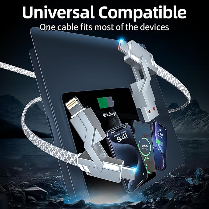 66W 4 in 1 Charging Cable,Fast Multi Charging Cable 5FT,USB C Cable Fast Charge&Data Transfer, Type C 66W 27W PD Multiple Charger Cord for iPhone16/15/14/13 Series/Phones/Pads/Laptop and More-Silver