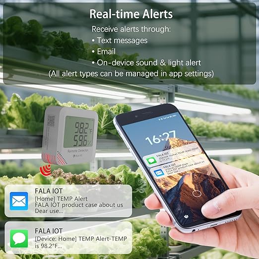 FALA IOT WiFi Temperature & Humidity Monitor, No Subscription 24/7 Remote Temp Sensor with Email, Text Alerts, Sound & Light Alarm, Idea for RV, Pet, Greenhouse, Farm, Freezer, Server Room,S22D