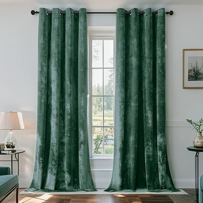 SMILETIME Forest Green Crushed Velvet Curtains 52x96 inch Luxurious Thermal Insulated Soundproof Drapes for Living Room Bedroom Office Soft and Durable Light-Filtering Window Treatments, 2 Panels