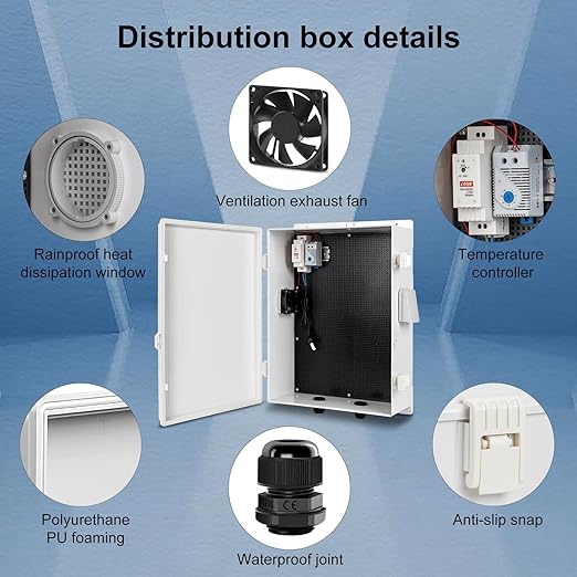 Namunanee Outdoor Electrical Box with Thermostat and Fan, ABS Water Resistant Enclosure with Internal Mounting Panel & Hinged Cover, 18.1" H* 12.6" L* 6.3" W, Plug & Play.