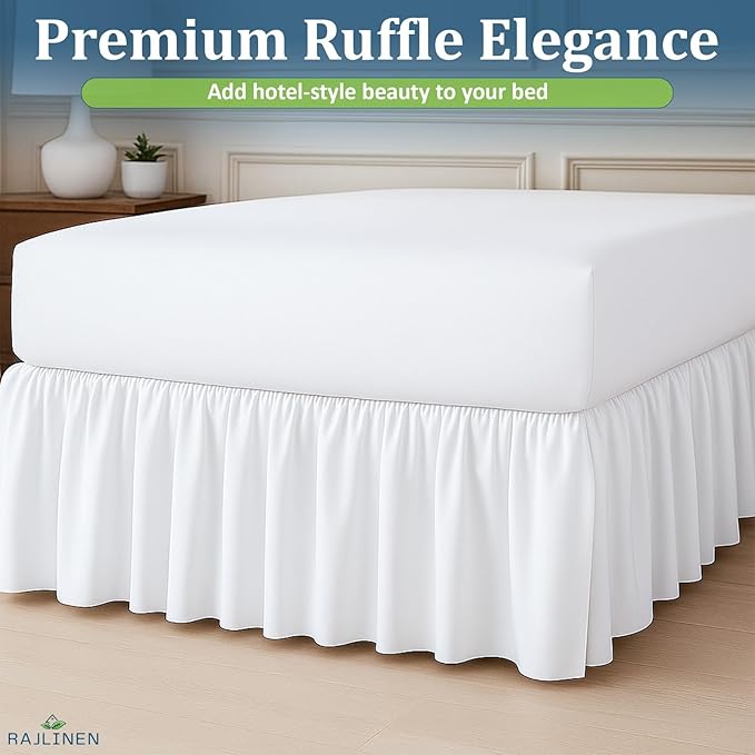 Rajlinen Ruffled Bed Skirt Twin, 18 Inch Drop Dust Ruffle with Split Corners, 100% Microfiber Bedskirt with Platform, Three-Sided Coverage Ruffled Gathering Design, White