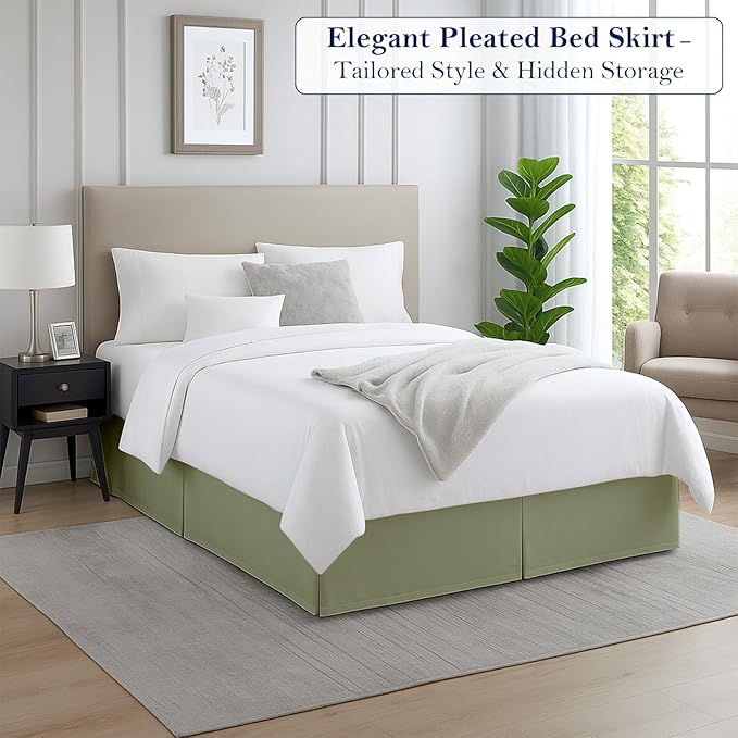 Queen Bed Skirt, Luxury 12 Inch Drop Sage Pleated Bed Skirt, Double Brushed Microfiber, Box Pleat Design, Wrinkle & Fade Resistant, Easy Fit Tailored Bedskirt for Queen Size Beds