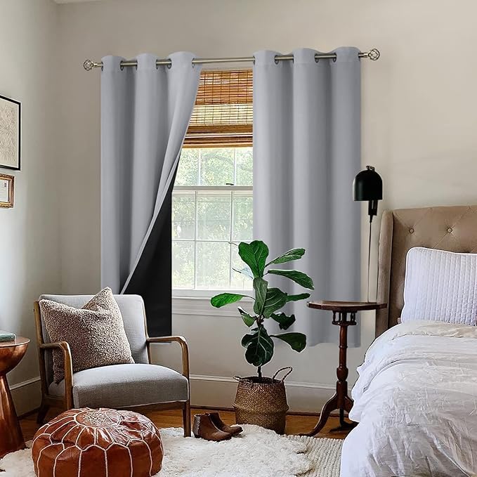 BGment Thermal Insulated 100% Blackout Curtains for Bedroom with Black Liner, Double Layer Full Room Darkening Noise Reducing Grommet Curtain (46 x 72 Inch, Light Grey, 2 Panels)