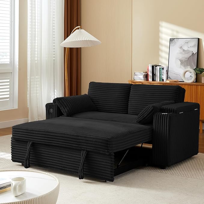 Convertible Corduroy Sofa Bed with USB Charging Port & Cup Holders, 68.11" Foldable Sleeper Chair with Armrests & Pillows, 3-in-1 Floor Futon for Living Room, Bedroom, Guest Room，Easy Assembly