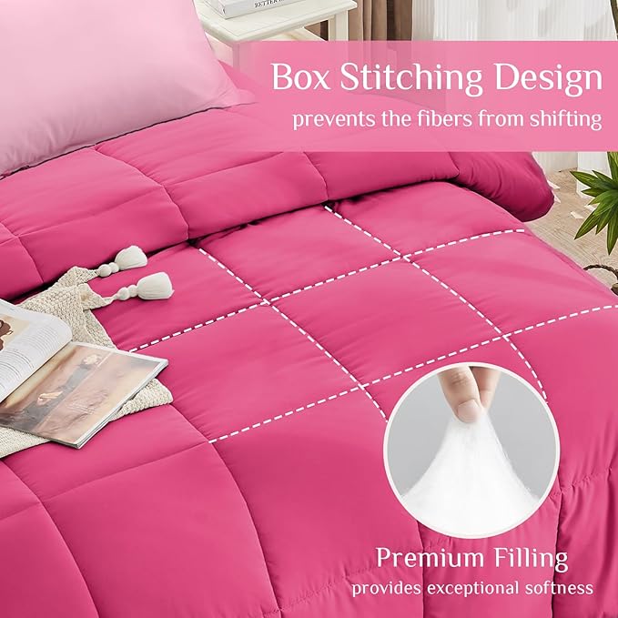 JOLLYVOGUE Full Comforter Set, Ultra-Soft Bed in a Bag Full Size 7 Pieces, Oeko-TEX Certified Bedding Set with Down Alternative Comforter, Sheets, Pillowcases & Shams, Hot Pink & Baby Pink