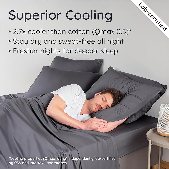 Bambaw 100% Viscose Derived from Bamboo Sheets King Size Set – 6pcs Set of Cooling Sheets for Hot Sleepers, Super Soft Bed Sheets King, Fits Up to 16'' Mattresses, Luxury Bedding Sets King (Charcoal)