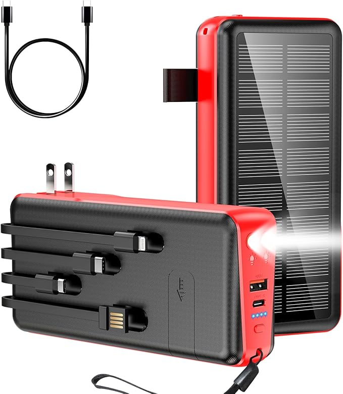 boogostore Portable Charger with Built in Cable and Wall Plug 50000mAh 22.5W Fast Charging Solar Power Bank with 5 Output & 2 Input Dual LED Flashlights Phone Holder External Battery Pack (Red)