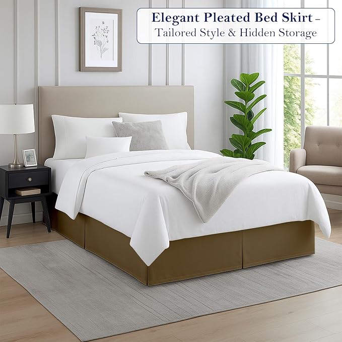 King Bed Skirt, Luxury 18 Inch Drop Taupe Pleated Bed Skirt, Double Brushed Microfiber, Box Pleat Design, Wrinkle & Fade Resistant, Easy Fit Tailored Bedskirt for King Size Beds