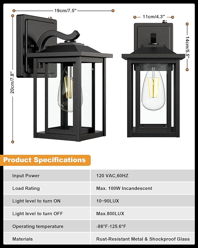 LTBLIGHT 2-Pack Dusk to Dawn Outdoor Light Fixtures, Modern Black Sensor Porch Light Fixtures, Waterproof Exterior Lighting for House, Yard, Entryway, Garage, 120V