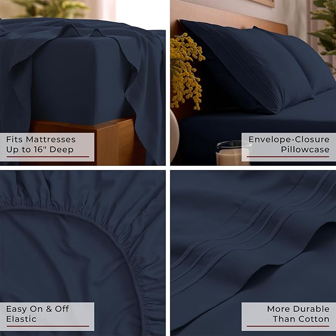Mellanni California King Sheet Set - 6-Piece Iconic Collection Bedding, (Including 4 Pillowcases), 16-Inch Deep Pocket, Easy Care, Extra Soft, Cooling Sheets, Brushed Microfiber - Navy Blue