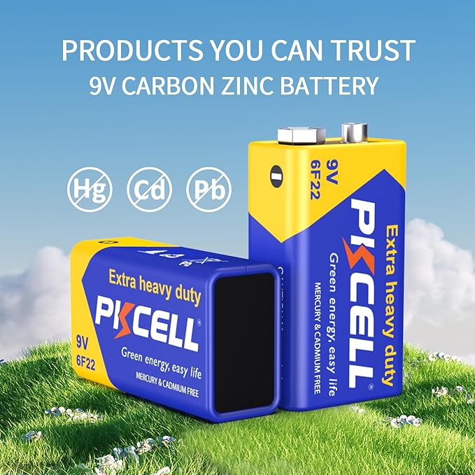 PKCELL 9V Batteries, 2 Pack 9 Volt Batteries Carbon Zinc, 9V Battery for Smoke Detector, Alarms, 6F22 Square Battery
