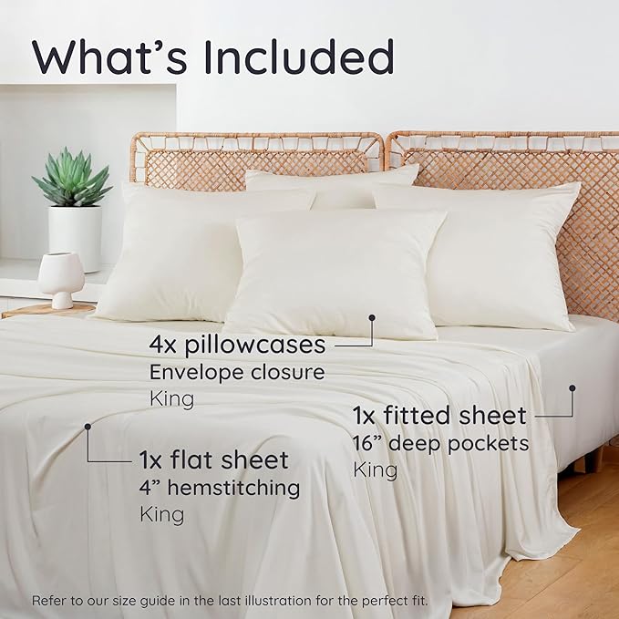 Bambaw King Sheet Set 6pcs – 100% Viscose Derived from Bamboo Sheets King Deep Pocket, Fits Up to 16'' with Elastic Corner Straps, King Cooling Sheets, Hotel Luxury Bed Sheets Set (Ivory)