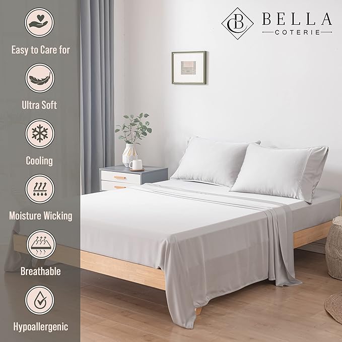 Bella Coterie Luxury Bamboo Viscose Twin Size Sheet Set | 100% Organically Grown | Ultra Soft | Cooling for Hot Sleepers | 18" Deep Pocket [Grey Mist]