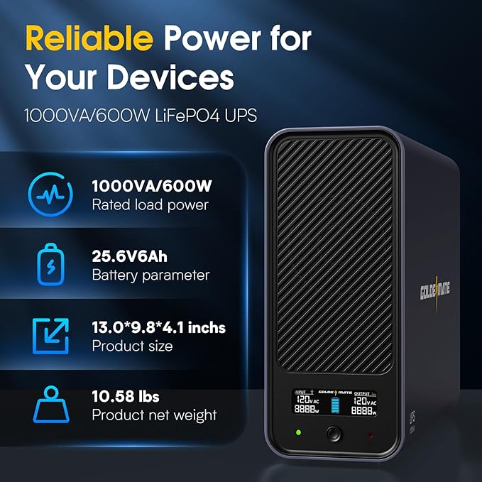 GOLDENMATE 1000VA/600W Lithium UPS Battery Backup and Surge Protector, Sinewave UPS System with LiFePO4 Battery(153.6 Wh), Updated Pro Ver. with USB Communication Port, 8 Outlets, LCD Display, Gray