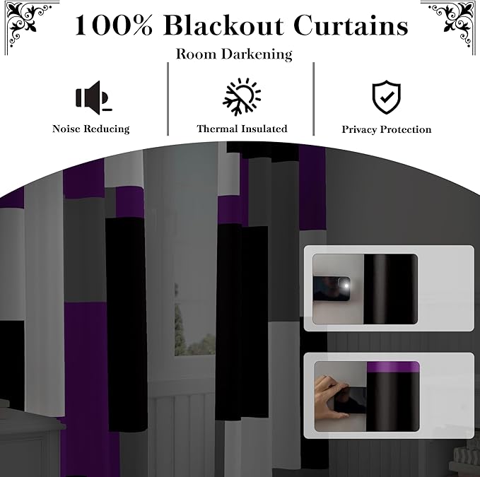 Purple 100% Blackout Curtains for Bedroom 84 inch Length 2 Panels Set Grey Modern Abstract Geometric Black Out Curtains Insulated Room Darkening Window Drapes for Living Room, 42Wx84L