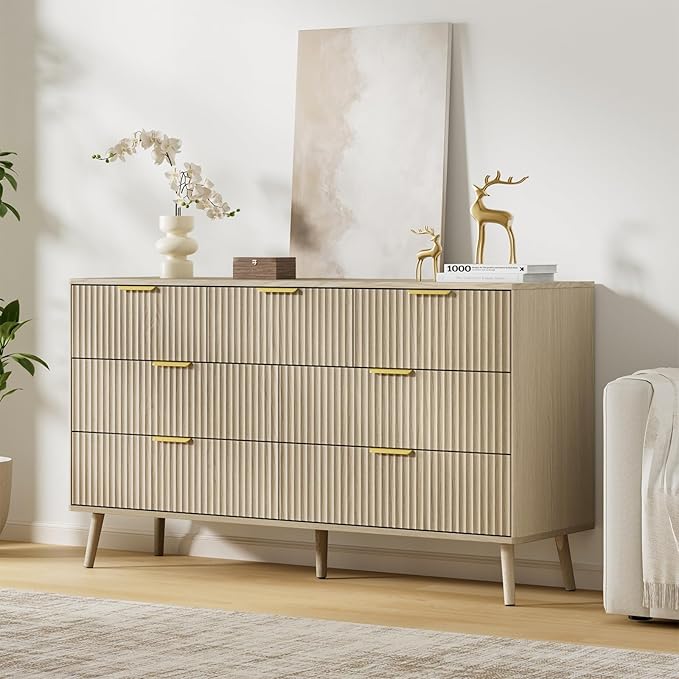 LYNSOM Fluted Dresser and Nightstand Sets 3 Piece, 7-Drawers Dresser and 1-Drawer Nightstands Set of 2, Wood Bedroom Furniture Set for Home, Bedroom, Hallway, Beige