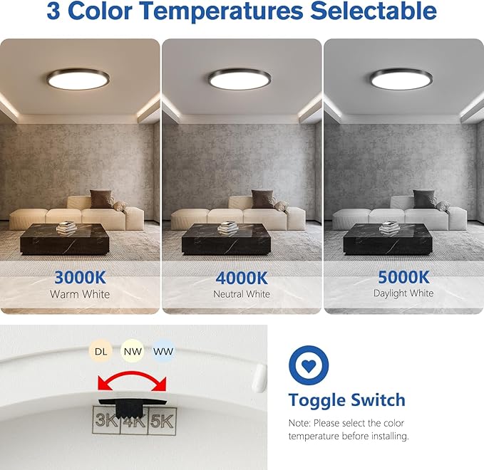 YELIOLED 6 Pack 12 Inch Slim Dimmable LED Flush Mount Ceiling Light Fixtures, 24W 2640LM 3000K/4000K/5000K, House Upgrade Led Lights for Bedroom Hallway Laundry Room Rental Units, 240W Equiv., Black