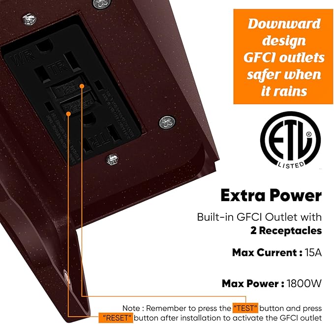 Porch Light with GFCI Outlets, Brown Motion Sensor Dusk to Dawn Outdoor Wall Light Fixture, Waterproof Outside Wall Lantern Sconce 3 Lighting Modes, Exterior Wall Light for Patio Garage Front Door