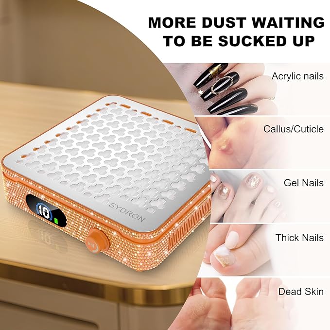 Nail Dust Collector | 1000PA Professional Nail Dust Collector | 10 Speed Levels| Low Noise & Strong Suction| Reusable Filter, 10 Pads + Nail Dust Brush| for Acrylic Nails, Salon & Home -Orange Diamond