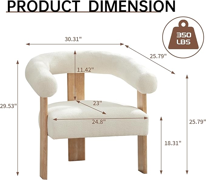 VKNOW Accent Chairs Set of 2, Modern Upholstered Living Room Chair Armchair with Solid Wood Legs, Comfy Barrel Arm Chairs for Living Room Bedroom, Cream