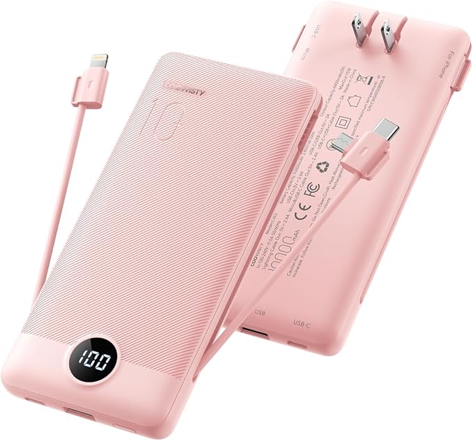 Coowisty Portable Charger Built-in Cables and Wall Plug, 10000mAh Slim USB C Power Bank, LED Display External Battery Pack Compatible with iPhone/Android & More (Pink)