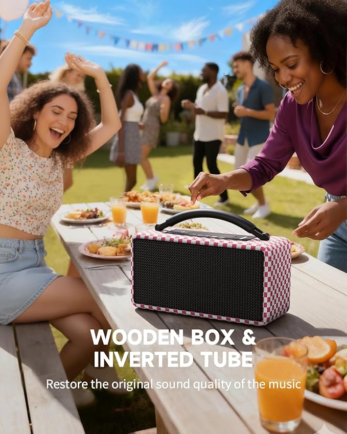 DINDIN Portable Bluetooth Speaker： 80W (Peak), 20H Playtime, Wireless Big Wood Boombox with Deep Bass, Subwoofer, TWS, Large, Loud Speaker for Party, Outdoor, Backyard, Beach, Home,Gift（Pink+White）