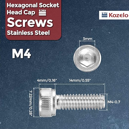 Kozelo 50pcs Socket Head Cap Screws - [M4-0.7 x 14mm] 304 Stainless Steel Allen Socket Drive for Electrical Motor 3D Printing Fan Engine Replacement Use, Silver