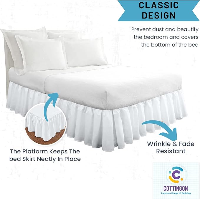 Ruffled Bed Skirt with Split Corners-Dust Ruffle - 21" Drop 100% Microfiber Soft,Sheen & Luxurious Look - Bed Skirts (White -Queen)