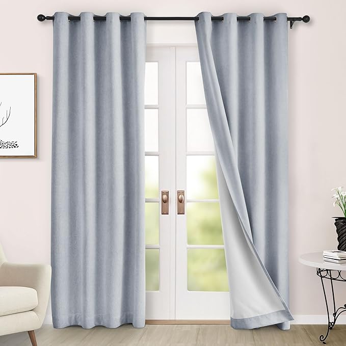 Macochico 100% Blackout Chenille Curtains Thermal Insulated Noise Reducing Velvet Draperies for Living Room Bedroom Hotel Gray Blue Blackout Curtains Grommet Top with Tieback 84" Wx84 L 1 Panel