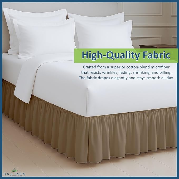 Rajlinen Ruffled Bed Skirt Twin, 21 Inch Drop Dust Ruffle with Split Corners, 100% Microfiber Bedskirt with Platform, Three-Sided Coverage Ruffled Gathering Design, Taupe