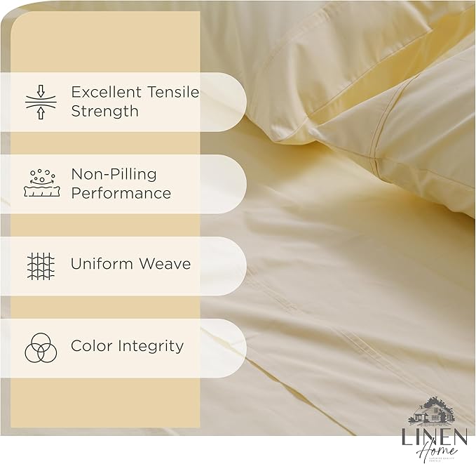 Linen Home 100% Cotton Percale Sheet Set, Twin Size, Ivory, Deep Pocket, 4 Pieces Set - 1 Flat, 1 Deep Pocket Fitted Sheet and 2 Pillowcases, Crisp Cool and Strong Bed Linen