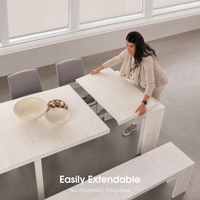 Transformer Table - Solid Wood Extendable Dining Table with 4 Stackable Chairs, Seats 2-12, Expandable Table, Space-Saving Furniture, White Finish (Table + 4 Chairs)