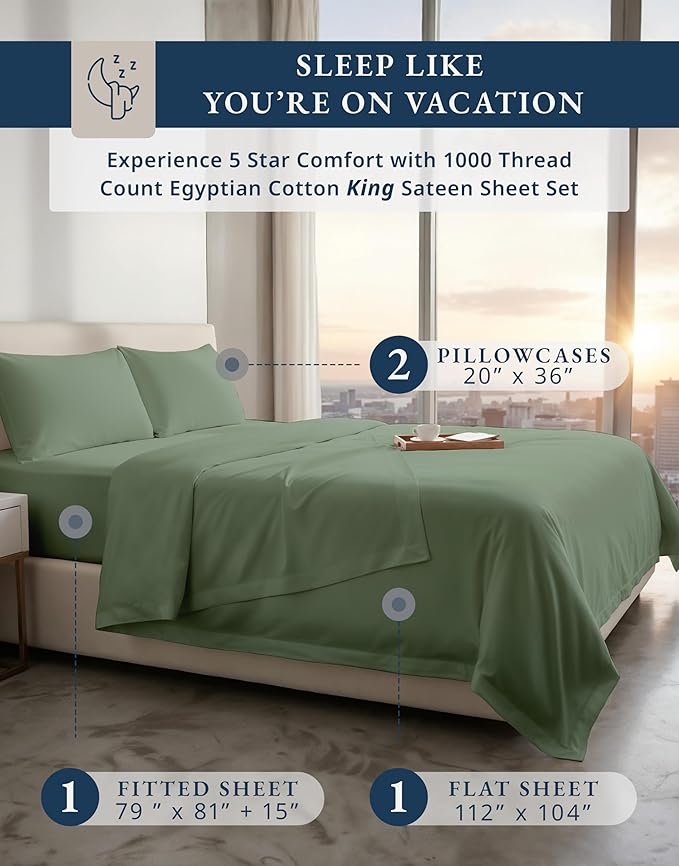 1000 Thread Count 100% Egyptian Cotton King Size Sheets – Silky Sateen Weave, Naturally Cooling & Durable, Ultra-Soft Luxury You Can Feel, Hotel Comfort, 15" Deep Pocket King Sheet Set – Iceberg Green