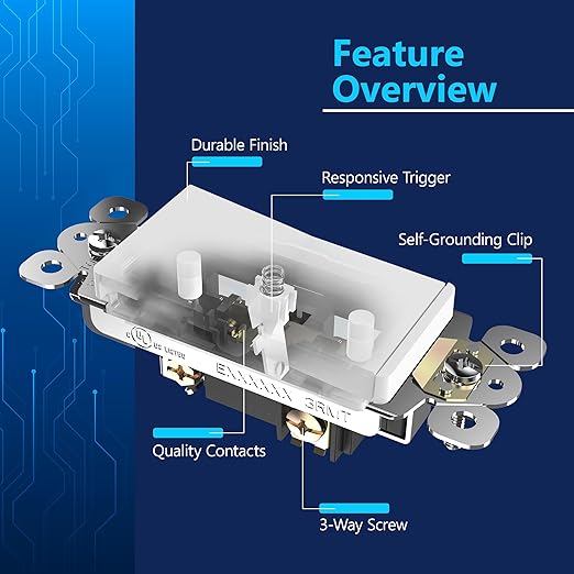 LIDER Matte White Minimalist Design Decorator Switch, Frameless Paddle Wall Light Switch, On/Off Rocker Switch, 3-Way or Single Pole, Residential Grade, UL Listed, 3 Wire, 15A 120-277VAC, 10 Pack