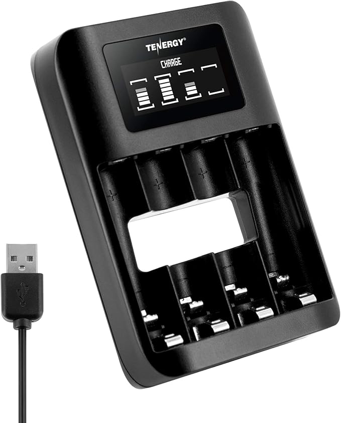 Tenergy TN474U 4-Bay NiMH/NiCD Battery Charger with LCD Display and USB Input, Portable Charger for AA/AAA NiMH and NiCD Batteries