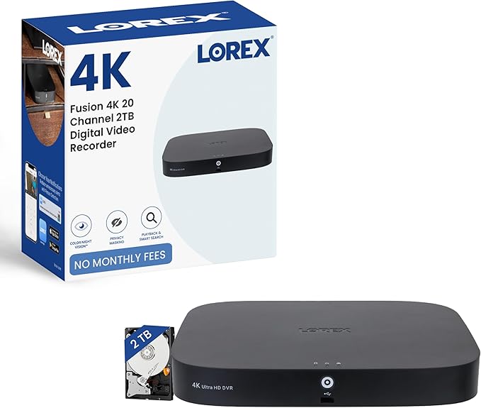 Lorex 4K Fusion DVR for Security System | 20 Channel (16 Wired + 4 Fusion) | 2TB Local Storage | Smart Motion Detection | Active Deterrence | No Monthly Fees | Voice Control | Expandable to 16TB
