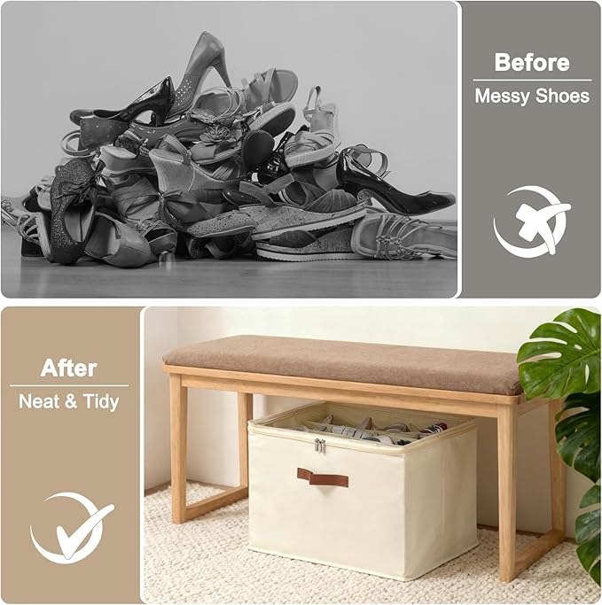 Shoe Organizer for Closet, Foldable Shoe Storage Box with Clear Top Lid, 3 Leather Handles, Adjustable Dividers, Fits 8-16 Pairs, Stackable Shoe Bin for Bedroom (Beige, 1 PCS/16.9*11.8*1.57 inch)