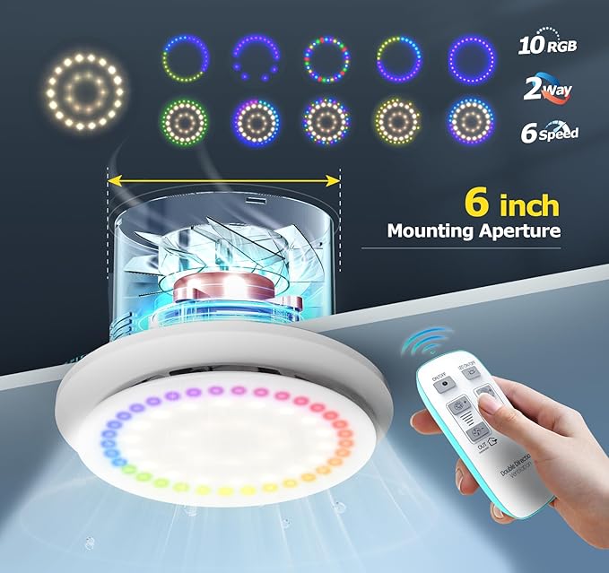 6" Bathroom Exhaust Fan with Light, 10 RGB Lights Upgraded 2 Way 6 Speed Bathroom Fan with Light & Remote DC Motor 3000 RPM Energy Saving Household Ventilation Fans for Attic Basement Garage P208A2