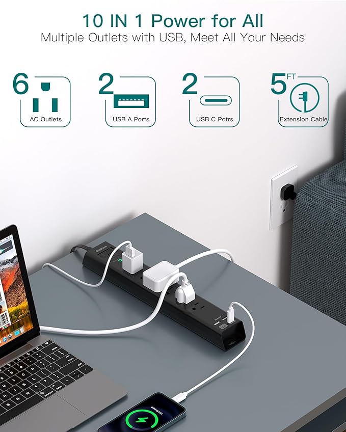 Flat Plug Extension Cord, Addtam 5Ft Surge Protector Power Strip with 6 AC Outlets 4 USB, Wall Mount, Desk Charging Station for Office School College Dorm Room Essentials, ETL Listed