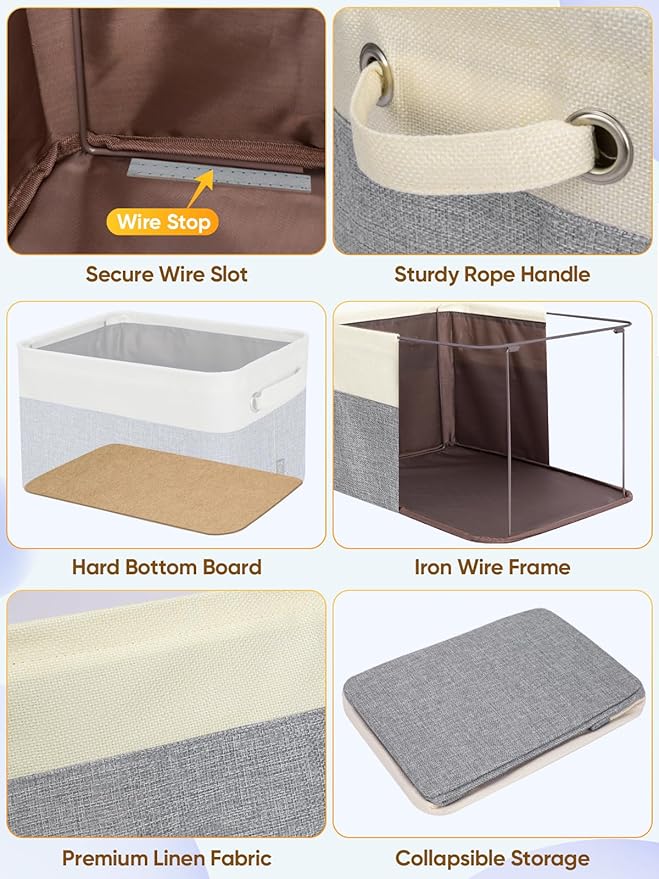 BALEINE 2 Pack Fabric Storage Bins for Shelves, Linen Storage Baskets for Organizing, Decorative Closet Bins for Clothes, Home (Grey, 14''x10''x8.5'')