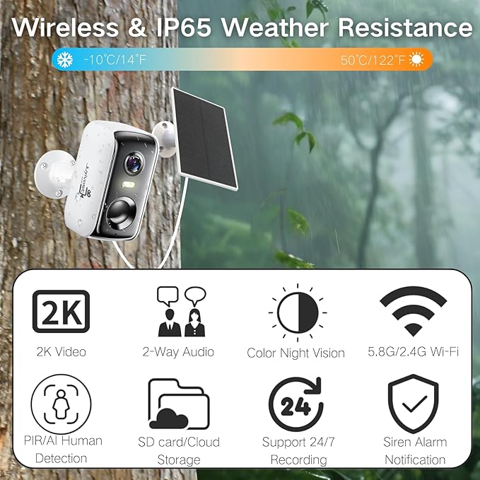 Solar Security Cameras Wireless Outdoor, 2K Outside Security Wireless WiFi Cameras, Battery Powered Outdoor Cameras with Solar Panel, Color Night Vision, 2.4G/5.8G WiFi, 2-Way Audio, PIR Motion Sensor