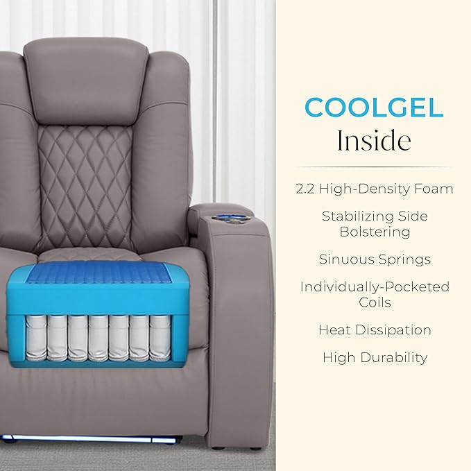 Seatcraft Diamante Zero-Gravity CoolZero Italian Leather Home Theater Seating, Power Headrest, Power Recline, Row of 5 Right Loveseat, Gray