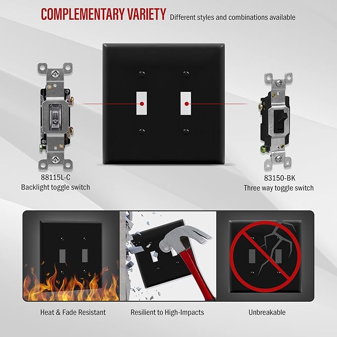 ENERLITES Double Light Wall, Toggle Switch Plate, 2-Gang Mid-Size 4.88" x 4.92", Unbreakable Polycarbonate Thermoplastic, UL Listed, 8812M-BK, Black