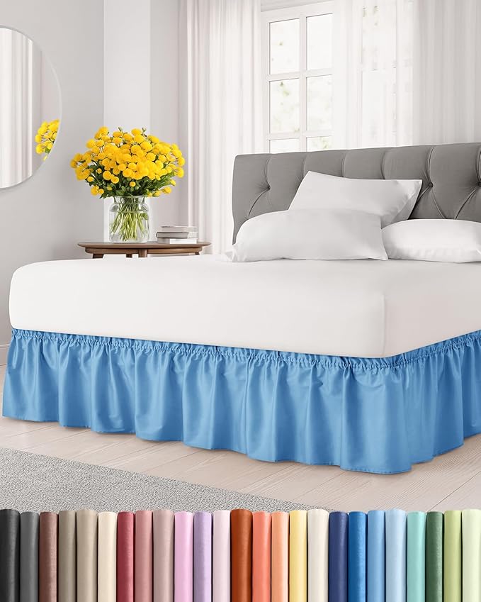 Wrap Around Dust Ruffle Bed Skirt - Denim Blue - for Queen Size Beds with 18 Inch Drop - Elastic Strap - Adjustable Pleated Bedskirt with Brushed Fabric and Wrinkle Free - For Women, Men, Kids & Teens