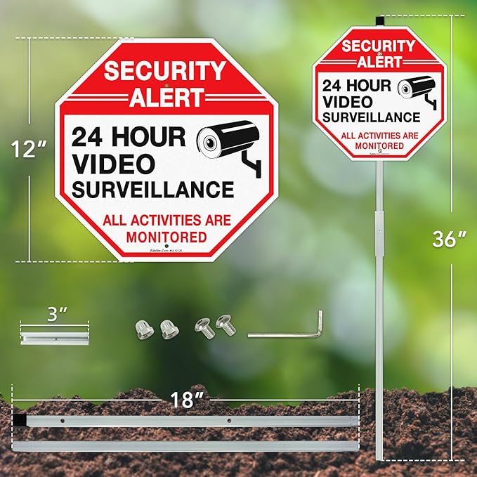 Faittoo Security Sign Video Surveillance Sign with 36" Stake for Outside, 2-Pack 12"x12" Rust Free Heavy Aluminum, Reflective, Fade Resistant, 2 pre-drilled holes, Includes Matching Screws & Wrench,