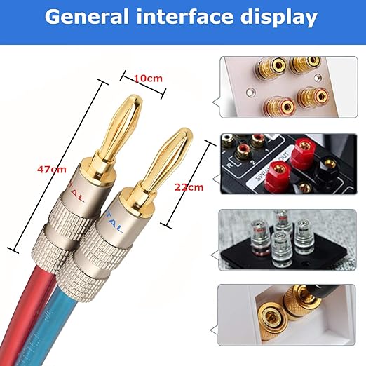 AutCreation Speaker Cable Wire with Banana Plugs,14 AWG HiFi Pure Copper Speaker Wire,99.9% OFC Stranded Copper Wire,Gold Plated Banana Tip Plugs,Red/Blue (1.5M(4.9ft))